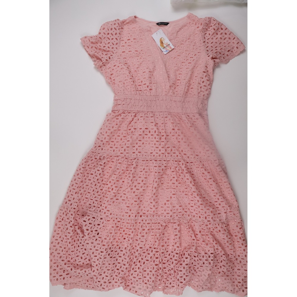 PrettyGarden Eyelet Midi Dress Large Pink Tiered Smocked Summer Wedding Guest